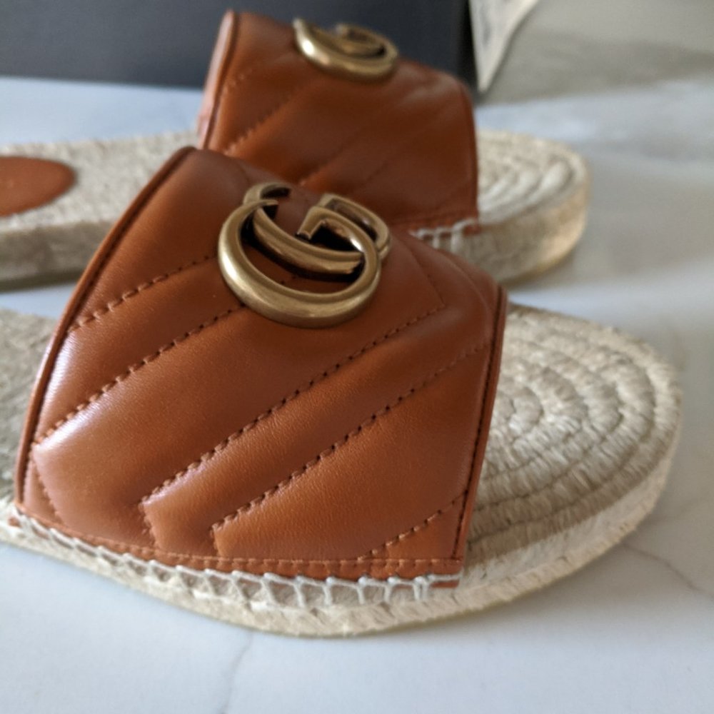 Gucci Tan Brown Pilar Espadrille Slide Sandals GG - Picture 5 of 9